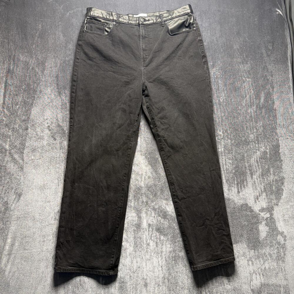 LOFT The Straight Jeans Womens 14 Gray Mid Rise Faux Leather Trim Denim Pants